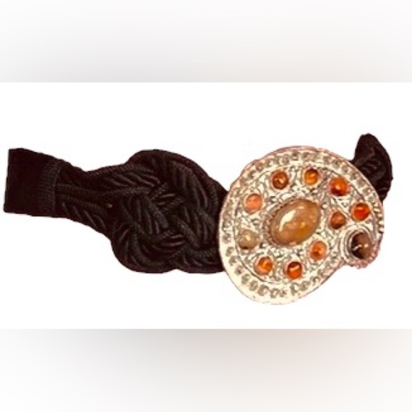 IONE oversized silver paisley buckle with 12 stones on a braided cord belt VTG L main image 5